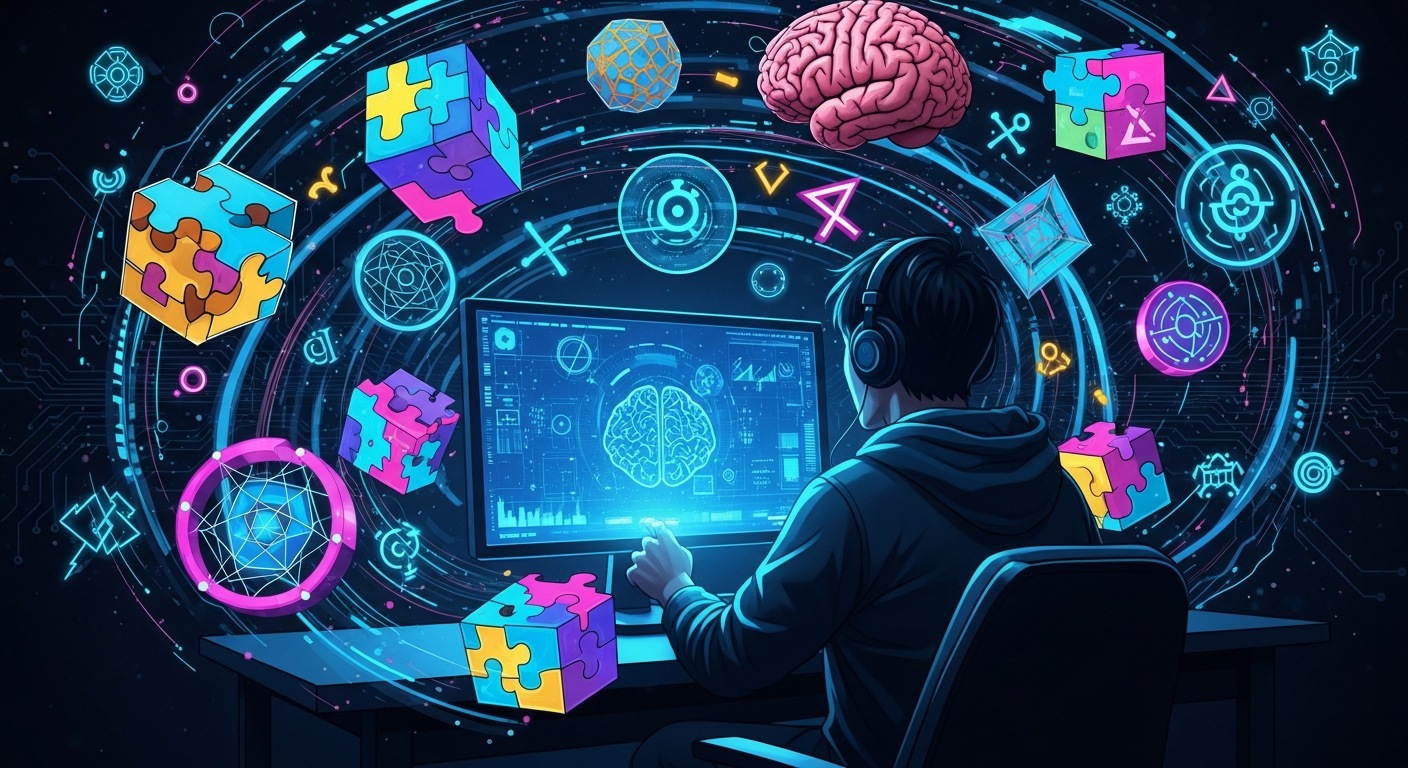 Person taking online intelligence test with brain puzzles and cognitive symbols around them